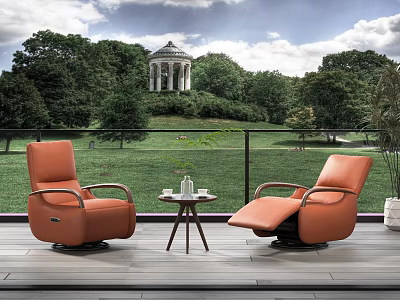 Orange Cozy Armchairs on Outdoor Terrace with Green Landscape and Small Round Table 3d model