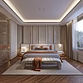 Modern Luxury Bedroom Interior with Tufted Headboard Bench on Area Rug by Floor to Ceiling Window