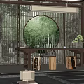 Traditional Tea Room Interior With Circular Bamboo View Wooden Table And Stools