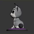 Cute Cartoon Cat Figurine With Big Eyes Gray White Fur Sitting On Purple Round Base