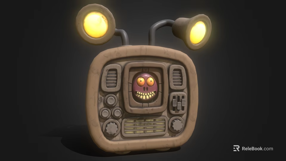 Retro TV With Yellow Glowing Lights And Purple Cartoon Face On Screen 3d model 