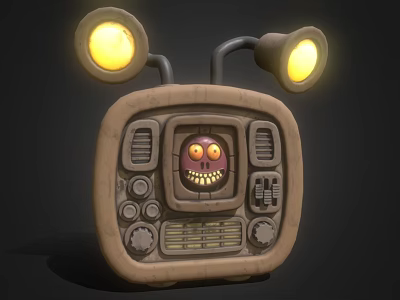 Retro TV With Yellow Glowing Lights And Purple Cartoon Face On Screen 3d model
