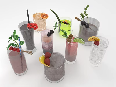 Various Wine Glasses Holding Colorful Cocktails With Fruit Herb And Citrus Decorations 3d model