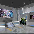 Futuristic Avengers Exhibition Area With Large Marvel Screen Hulk Figure And Blue Lighting