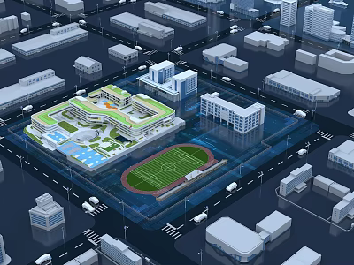 Modern School Building Campus Design Featuring Football Field And Urban Surroundings 3d model