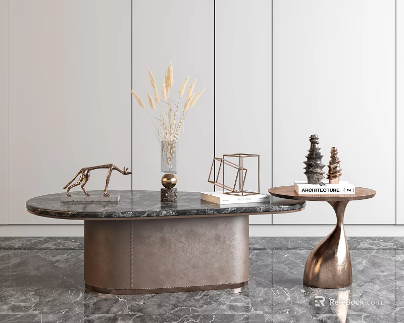 Oval Marble Top Coffee Table Brown Base With Side Table Books And Decor 3d model