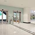 Reception Desk in Modern Lobby with Glass Elevator Escalator Green Plants and Marble Floor