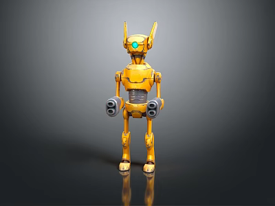 Yellow 3D Robot Character Model With Green Eyes Antenna Ears Metallic Texture And Standing Pose 3d model