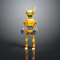 Yellow 3D Robot Character Model With Green Eyes Antenna Ears Metallic Texture And Standing Pose
