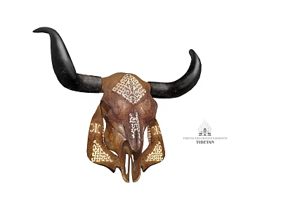 Ornamental Bull Skull Decor Piece With Black Horns And White Intricate Patterns 3d model