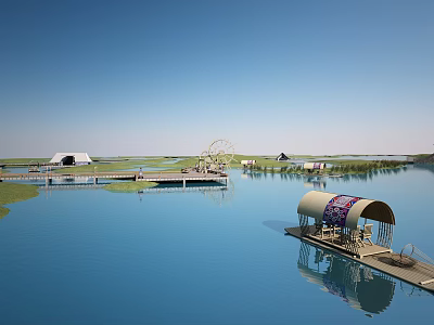 Park Landscape With Serene Water Bridge And Green Grassland Under Blue Sky 3d model