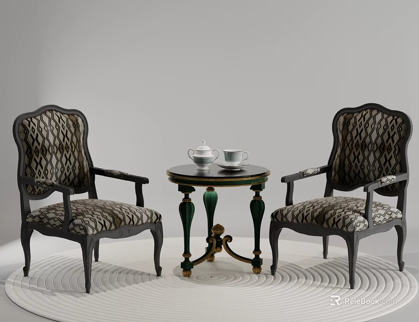 Two Vintage Leisure Chairs With Patterned Fabric Black Frame And Round Table On White Rug 3d model 