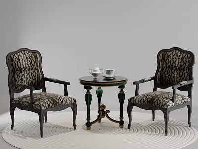 Two Vintage Leisure Chairs With Patterned Fabric Black Frame And Round Table On White Rug 3d model