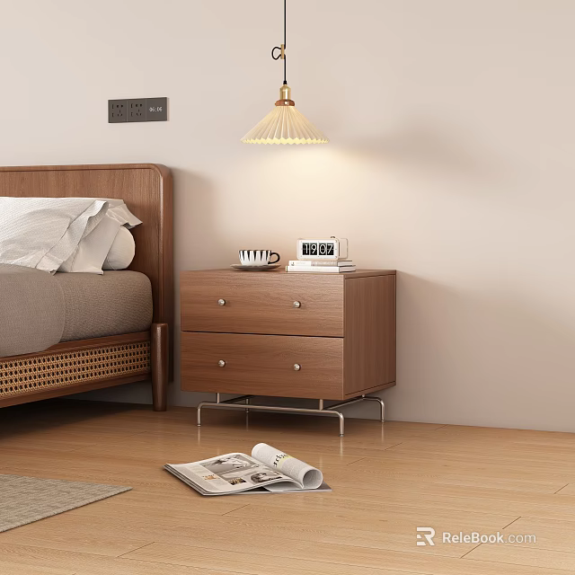 Wooden Bedside Table With Two Drawers Metal Handles Coffee Mug Photo Frame And Hanging Lamp 3d model 