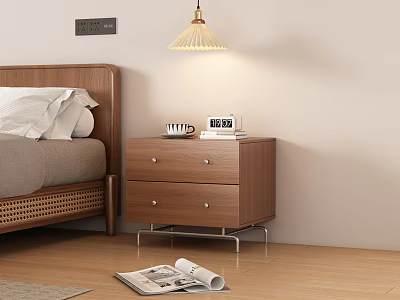 Wooden Bedside Table With Two Drawers Metal Handles Coffee Mug Photo Frame And Hanging Lamp 3d model