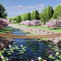 Scenic Waterside Landscape With Water Lilies Cherry Blossom Trees Stone Bridge And Natural Green Surroundings