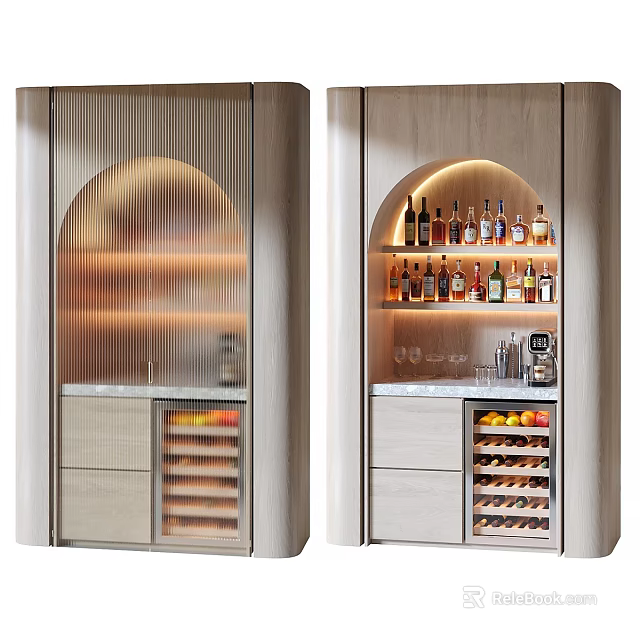 Modern Wine Cabinet Interior With LED Lighting Wine Bottles Glasses And Drawers 3d model 