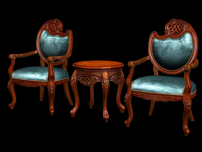 Leisure Sofa Set With Wooden Carved Design Blue Velvet Cushions Two Chairs And Small Table 3d model