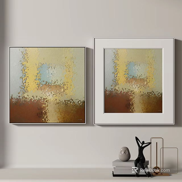 Two Square Abstract Paintings In White Frames With Yellow Brown Blue Tones And Decorative Objects 3d model