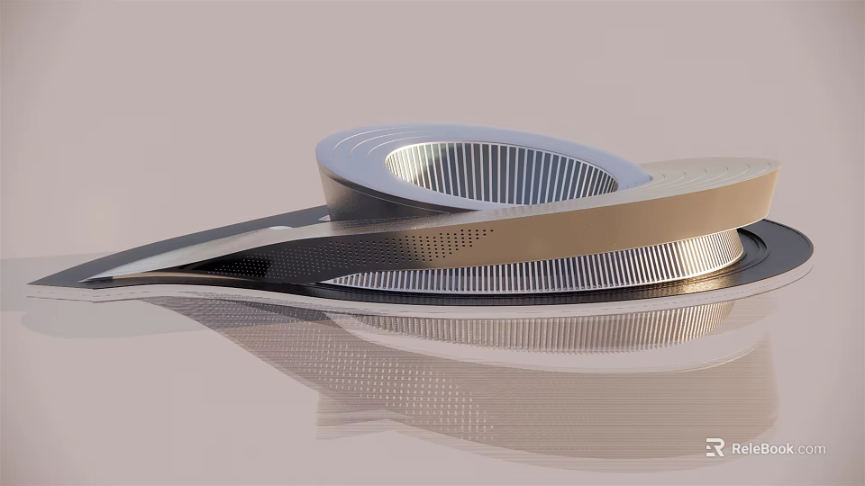 Modern Futuristic Sculpture With Streamlined Metallic Curved Multi Layered Structure and Striped Details 3d model