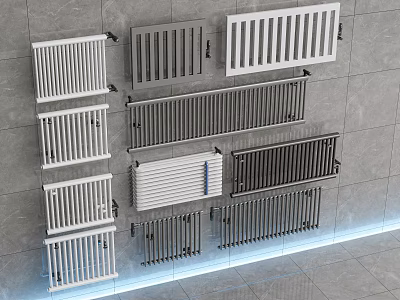 Modern Wall Mounted Radiators in Various Styles and Colors on Tile Wall 3d model