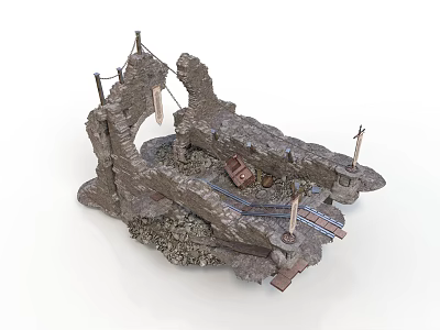 Ancient Stone Ruin Scene Structure With Ropes Wooden Platform And Metal Poles 3d model