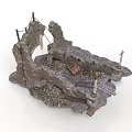 Ancient Stone Ruin Scene Structure With Ropes Wooden Platform And Metal Poles