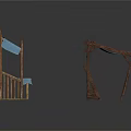 Two Wooden Furniture Stalls With Blue And Beige Canopies For Outdoor