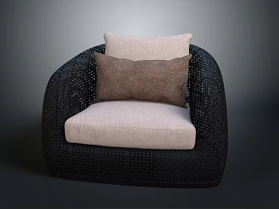 Modern Black Woven Chair With Beige Cushion And Brown Decorative Pillow 3d model