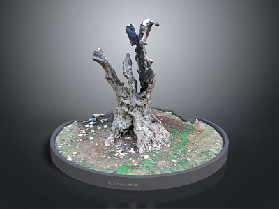 Natural Wooden Stump Ornament With Stone Pebbles And Green Grass On Circular Base 3d model