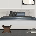 Modern Double Bed With Light Headboard Pillows Striped Blanket And Decorative Painting In Bedroom