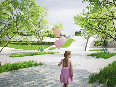Park Landscape With Little Girl Holding Balloons Green Trees Grass Paved Walkway And Sloped Steps 3d model
