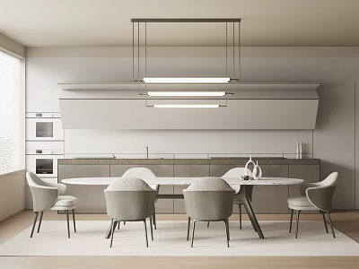 Modern Restaurant Interior With Marble Dining Table Gray Chairs And Pendant Lights 3d model