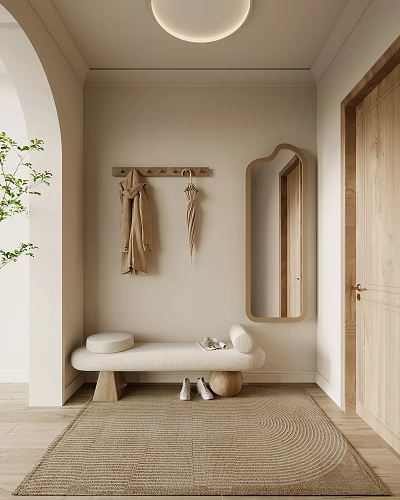 Beige Wooden Entryway Cabinet And Side Cabinet With Coat Rack Mirror And Bench 3d model