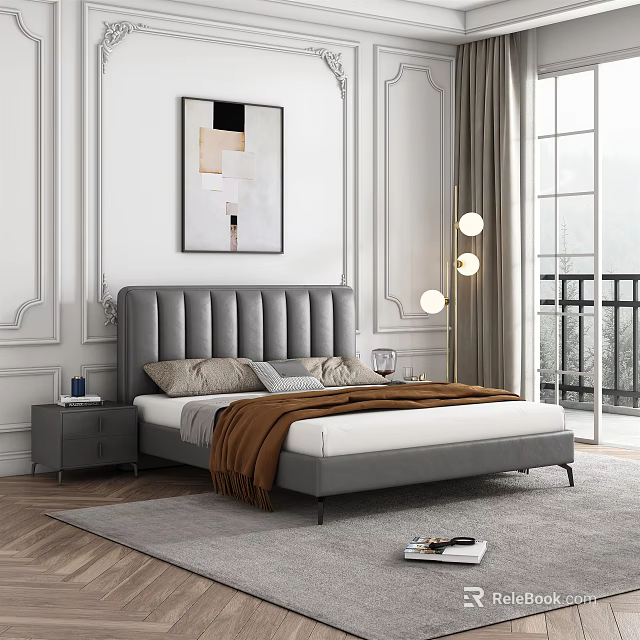 Modern Luxury Background Double Bed Bedroom With Grey Upholstered Headboard Nightstand Lamp Carpet Decorative Painting 3d model 