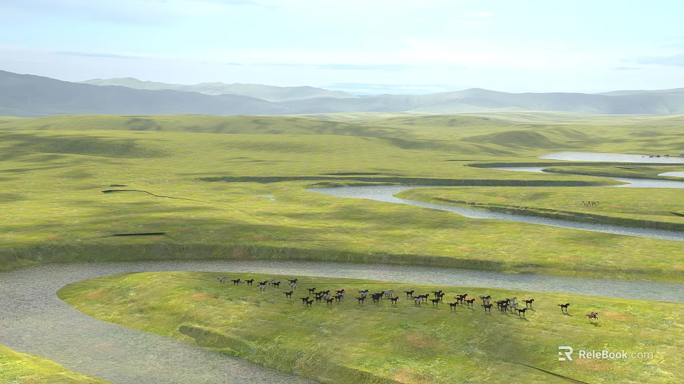Natural Garden Landscape With Vast Green Grassland Distant Mountains Winding River And Deer Herd 3d model 