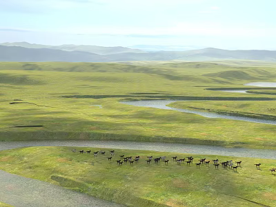 Natural Garden Landscape With Vast Green Grassland Distant Mountains Winding River And Deer Herd 3d model