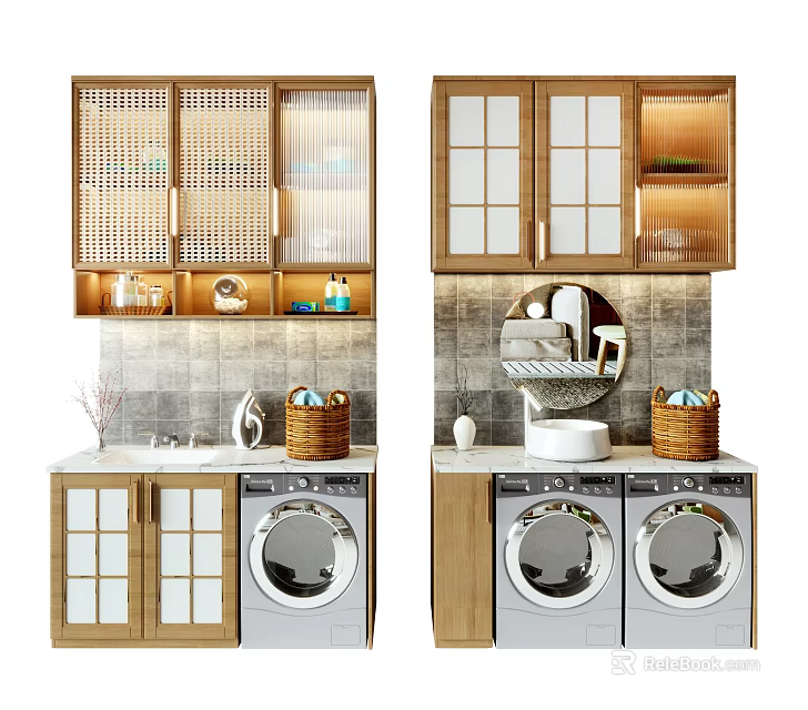 Modern Bathroom Cabinet Rack With Glass Doors Shelves Mirror And Washing Machines 3d model 