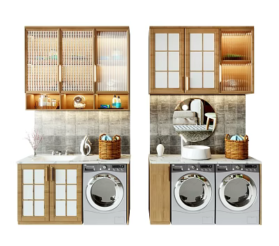 Modern Bathroom Cabinet Rack With Glass Doors Shelves Mirror And Washing Machines 3d model