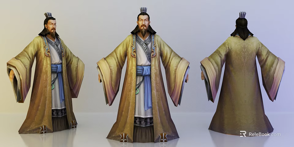 Ancient Game Movie Character In Traditional Yellow Robe With Blue Sash And Crown Headwear 3d model 