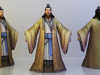Ancient Game Movie Character In Traditional Yellow Robe With Blue Sash And Crown Headwear 3d model
