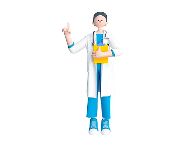 Cartoon Doctor Character In White Coat With Blue Pants And Yellow Folder Pointing Up 3d model