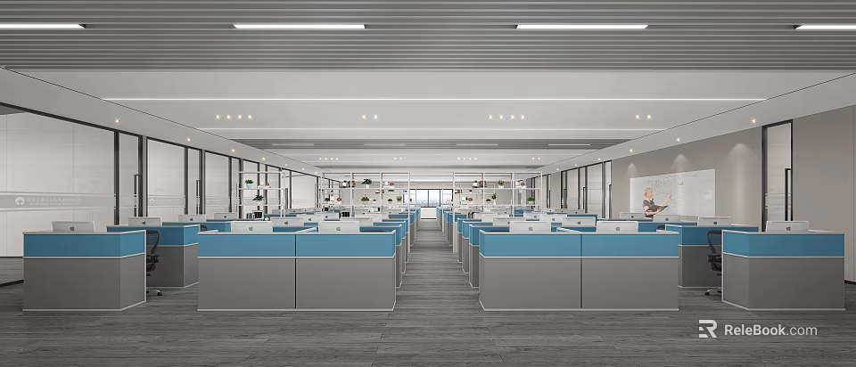 Modern Public Office Space With Blue Cubicles Workstations Ceiling Lights And Large Windows 3d model
