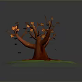 Red Trunk Tree With Yellow Leaves On Green Ground And Scattered Fallen Leaves