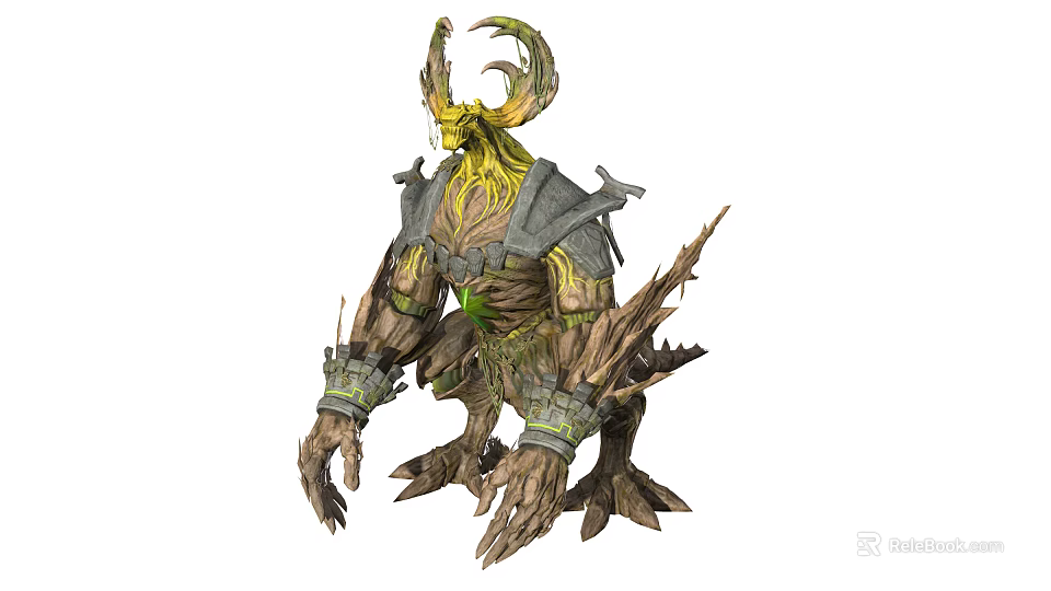 Mystical Wooden Creature With Antler Horns Metal Armor Glowing Green Core And Bark Textured Body 3d model 