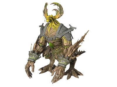 Mystical Wooden Creature With Antler Horns Metal Armor Glowing Green Core And Bark Textured Body 3d model