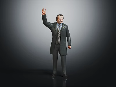 Male Character in Formal Suit With Tie and Overcoat Waving Hand 3d model