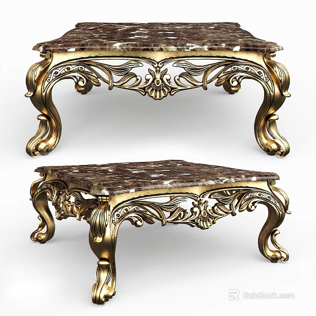 Elegant Ornate Coffee Table With Golden Carved Legs And Marble Top Design 3d model 