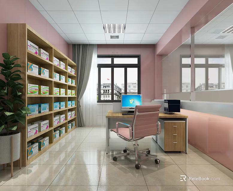 Modern Office Room With Bookshelves Computer Desk Pink Chair And Indoor Plant 3d model 