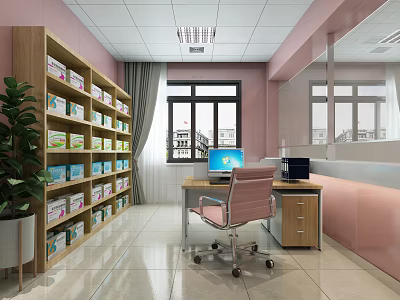 Modern Office Room With Bookshelves Computer Desk Pink Chair And Indoor Plant 3d model